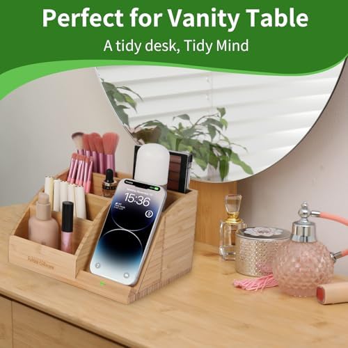 Bamboo Pen Holder for Desk & Nightstand Organizer with Fast Wireless Charging for iPhone, Samsung & More – Office Desk Accessories for Men/Women (Natural) - Image 4