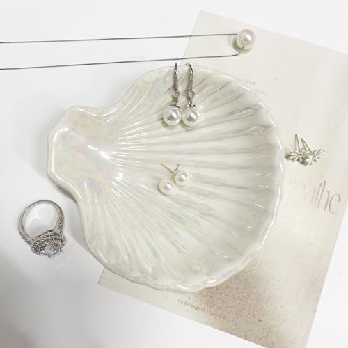 Ring Dish Shell Shape Ceramic Jewelry Dish Tray, Decorative Trinket Dish Organizing Rings Earrings Necklaces Keys, Mothers Day Christmas Birthday Gifts for Women, 3.9", White Iridescent Surface - Image 6