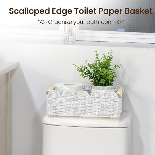 iEGrow Paper Rope Small Storage Baskets for Organizing, Set of 2 Scalloped Edge Wicker Basket with Wooden Handles Toilet Paper Basket for Over Toilet Storage Shelf, Home Decor, Living Room (White) - Image 3