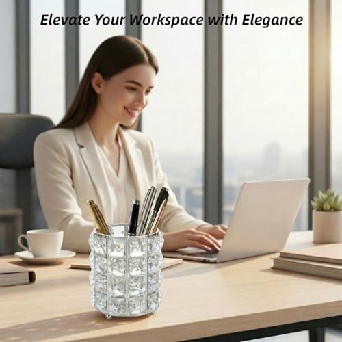 YAGELI Crystal Pen Holder for Desk, 3.58" Gold/Silver Pencil Cup - Image 2