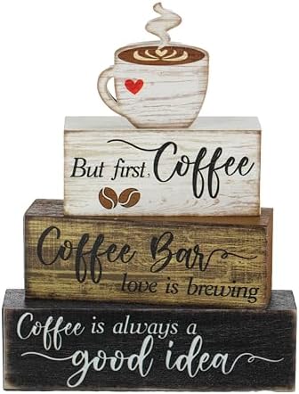 Moucuny 4 Pcs Coffee Bar Sign Wooden Blocks with Cup Topper Coffee Decor by Moucuny