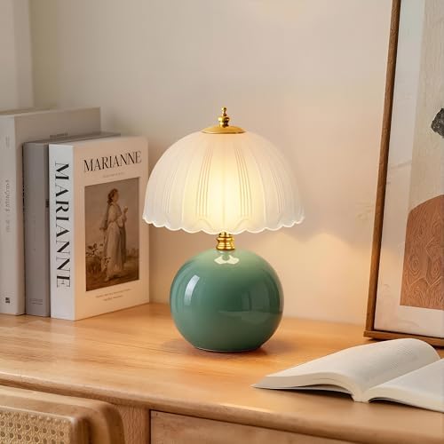 PARTPHONER Mushroom Table Lamp, Ceramic Bedside Lamp with Glass Shade, 3-Way Lighting (2700K-5000K) Rocker Switch, Small Nightstand Lamp for Bedroom, Living Room, Office, Green by PARTPHONER