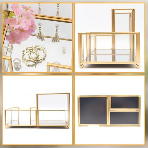 Desk Organizer with 3-Compartments,Glass Small Desk Organizer for Pens Pencils Business Cards Sticky Notes Paper Clips,Gold Stylish Pen Holder for Desk Home Office Decor - Image 3