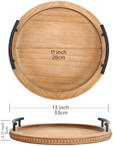 SwallowLiving Brown Wooden Beaded Serving Tray with Handle Decorative Rustic Tray for Coffee Table Farmhouse Round Tray for Kitchen, Living Room and Bedroom - Image 4