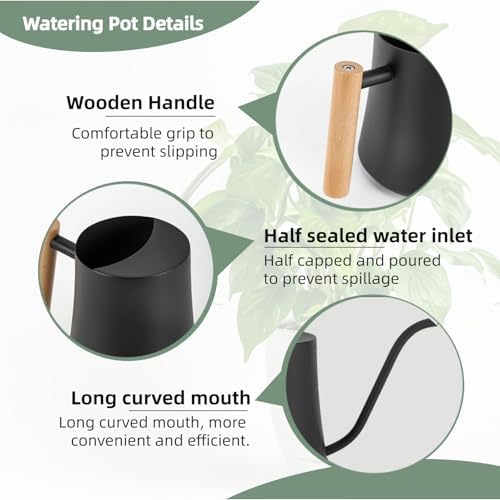 Indoor Watering Can with Long Spout, 34oz Capacity, Black Metal with Wood Handle (Black-W1) - Image 6