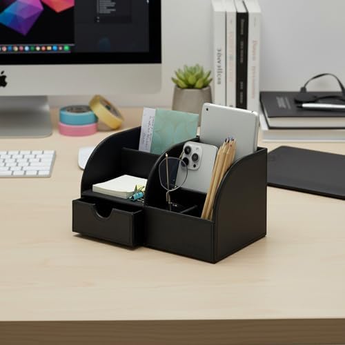 UnionBasic Desk Organizer - Multifunctional Leather Desktop Pen Holder Storage Box - Business Card/Pen/Pencil/Mobile Phone/Stationery Holder, Black - Image 5