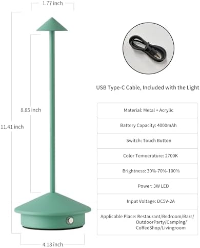 Modern Cordless Table Lamp Set of 2, Green Portable LED Desk Lamps - Image 5