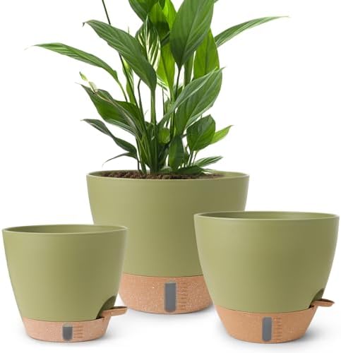 Self Watering Pots for Indoor Plants, 3 Pack 12/10/8 Inch, Large Planter with Water Reservoir, Modern Decorative Flower Pots for Home & OfficeGreen by Unknown