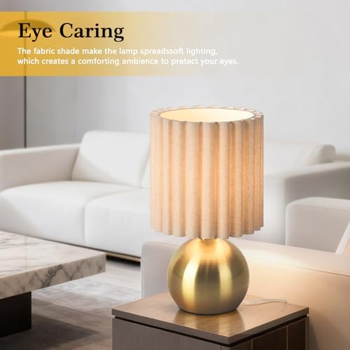 Ziqqeelam Gold Small Table Lamp with Scalloped Linen Shade, Mini Brass Gold Table Lamp for Bedroom Nightstand, Cute Desk Night Light for Living Room, Bookshelf, Kitchen Counter, Kids Room, Office - Image 5