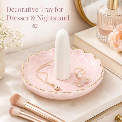 Ceramic Ring Dish Jewelry Tray, Pink Lotus Flower Jewelry Holder with Gold Rim, Decorative Ring Holder for Earrings, Necklace, Bracelet, Vanity, Nightstand, Dresser, Bathroom Counter - Image 6