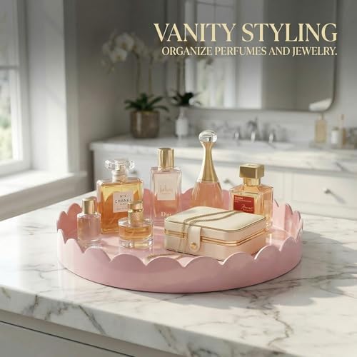 Gesodant 13" Round Scalloped Decorative Tray for Coffee Table Decor, Candle & Perfume Tray, Dining Table Centerpiece & Aromatherapy Candle Display, Modern Glossy Lacquer Look (Pink) - Image 3