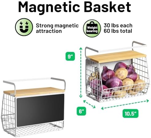 Ofiray-home Magnetic Shelf for Fridge with Wood Lid, Fruit Potato and Onion Storage Bins, Pantry Organizers & Storage, Large Container Magnetic Spice Rack for Refrigerator, Kitchen Counter (White, 2) - Image 5