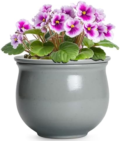 6 Inch Ceramic African Violet Pot, Easy Self Watering Pots with Absorbent Inner Pot, Round Self Watering Planter, Ceramic Pots for Plants Indoor, Apartment Decor, Housewarming Gifts, Grey by Teagas