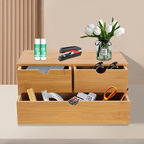 Bamboo Desk Organizer Small Retro Bamboo Tabletop Storage Box with Drawers& Recess Handles for Office Home Supplies Table Storage Collector 13 * 7.5 * 6in (3 Drawers/2 Top&1 Bottom) - Image 2