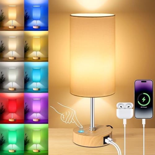 Unicozin Table Lamp with Wood Grain Base, 3 CCT 3000K/4500K/6500K & RGB Color Changing, Stepless Dimmable Small Bedside Lamp for Reading, Ambience Nightstand Light for Home Decor Party, White Shade by Unicozin