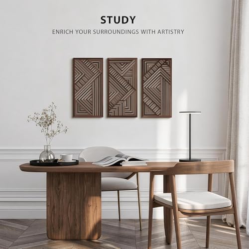 VIYYIEA Boho Solid Wood Carved Wall Art Set of 3, Geometric Minimalist Wooden Home Decor Panels, Handcrafted Solid Wood Wall Hanging for Living Room Bedroom Hallway, 16 x 8 Inch Each (Geometry II) - Image 4