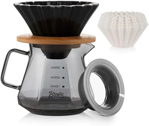 Bincoo 400ML Pour Over Coffee Maker Set with Filter Paper,Ceramic Coffee Dripper with Wood Stand Set for 1-2 Cups-Professional Brewing Tools for Pour Over & Drip for Home Office (Black) by Bincoo