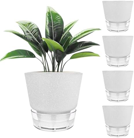 2024 Upgraded 5 Pack 6-Inch Self-Watering Planter Pots with Deep Reservoir for Indoor and Outdoor Plants with Planting Tools (Frosted White) by HYNZ