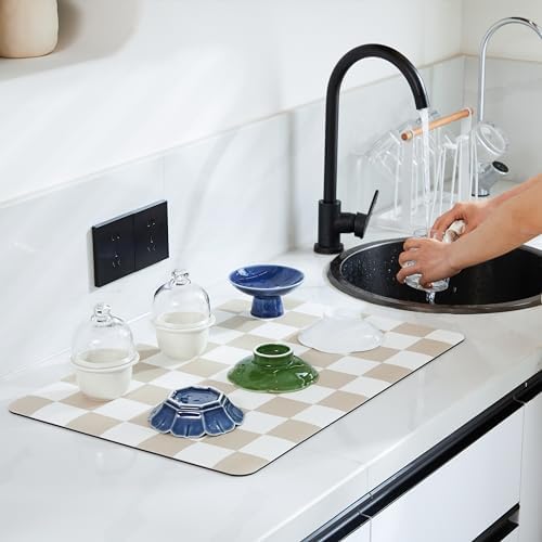 Ohocut Checkered Dish Drying Mat for Kitchen Counter, Coffee Bar Station Accessories, Retro Cute Aesthetic Modern Absorbent Drainer Mat Kitchen Drying Mat Easy Clean, Beige 12" x 19" - Image 2