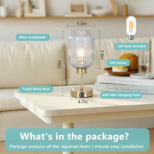 LAMSU Grey Glass Table Lamp for Bedroom with Bulb, Small Beside Lamp with USB Ports, 3 Way Dimmable Desk Lamp, Vintage Modern Nightstand Lamp for Living Room, Office, Ambient Mood Lighting - Image 5