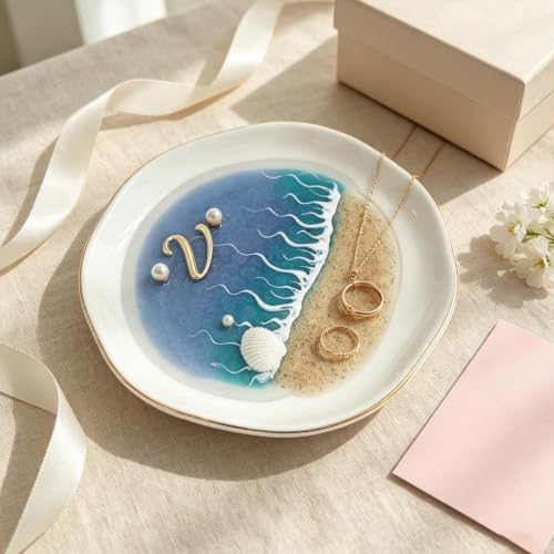 Vanity Tray, Ocean Resin Beach Wave Ceramic Jewelry Tray, Gold Trim Ring Dish Earring Holder, Small Decorative Trinket Dish for Dresser Makeup Vanity (V) by Unknown