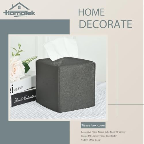 HOMOTEK 1 Pack Tissue Box Cover, Square PU Leather Tissue Holder, Decorative Facial Tissue Cube Paper Organizer Dispenser for Bathroom, Night Stands, Desk, Car 5X5X5'' - Beige, Pebble Grain - Image 4