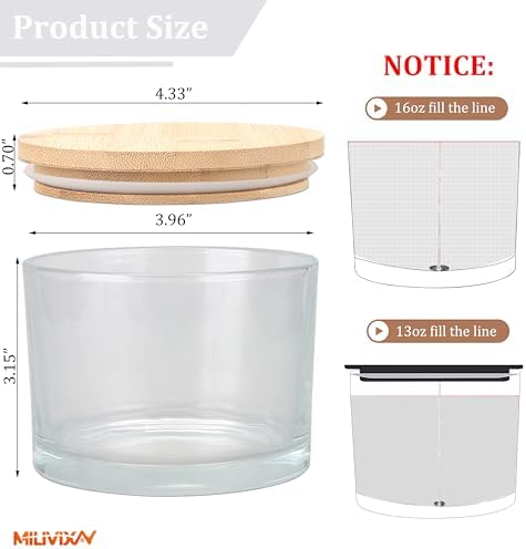 MILIVIXAY 6 Pack 16 oz Candle Jars with Bamboo Lids and Candle Making Kits - 3 Wick Candle Jar,Bulk Empty Clear Thick Glass Jars for Making Large Candles - Spice, Powder Containers. - Image 3