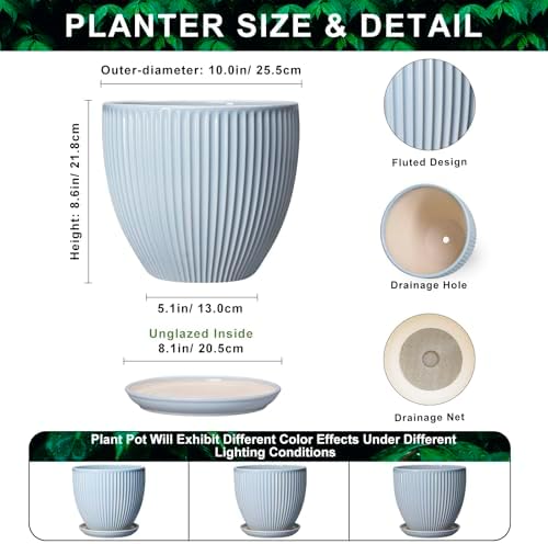 10 Inch Pots for Plants, Ceramic Plant Pots with Drainage Hole and Saucer, Modern Flower Pots for Indoor Plants, Decorative Large Planter, Entryway Decor, Gardening Gifts, Light Blue - Image 2