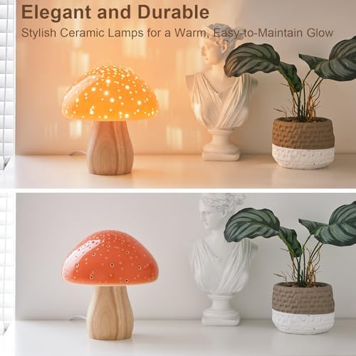 BOHON Mushroom Lamp Ceramic Bedside Table Lamp for Bedroom Orange - Image 3