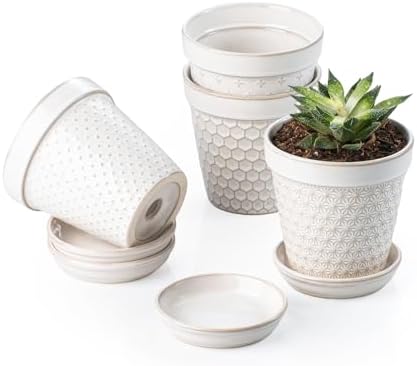 Ceramic Succulent Pots with Drainage Hole & Saucer, 4 Inch Small Plant Pots, Ceramic Planter for Indoor Plants, Embossed Flower Pots, Home Decor, Set of 4, Off-White by MIKIGEY