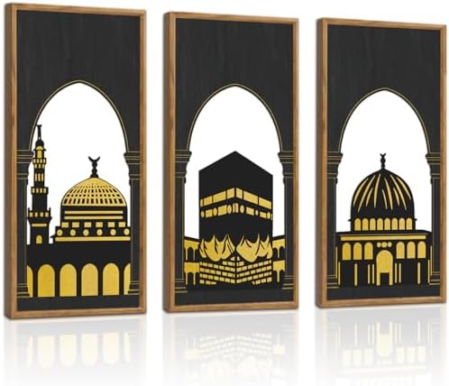 KAIRNE Eid al-Fitr Wooden Wall Art,3pcs 8”X16” Islamic Festival Decorations,Muslim Home Hanging Decor,Framed Mosque Wall Sculptures,Eid Ramadan Kareem Decoration,Rustic Religious Artwork Gift for Friend Family Living Room Bedroom Decor by KAIRNE