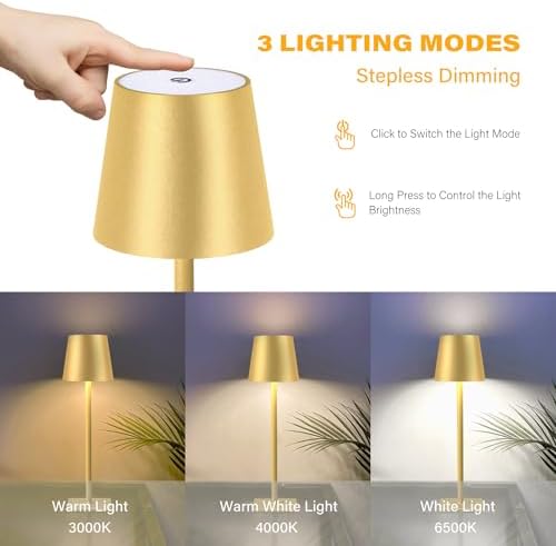 CHLORANTHUS 2 Pack Cordless Table Lamps, 3 Colors Stepless Dimming, 5000mAh Rechargeable Battery LED Desk Lamp for Bedroom/Couple Dinner/Desk/Cafe/Dining Room/Terrace - Image 3