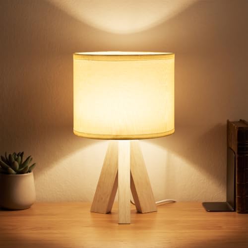 Tripod Table Lamp Small Bedside Lamp with White Fabric Shade, Mid Century Modern Nightstand Lamp for Bedroom Living Room Office Nursery, Wooden Legs(Cylindrical) by Unknown