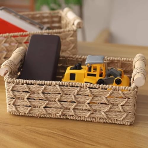 3 Pieces Handwoven Storage Basket Set With Woven Paper Rope Organizer With Wooden Handle Storage Bin Suitable for Home Organization Hallway Living Room, Khaki - Image 2