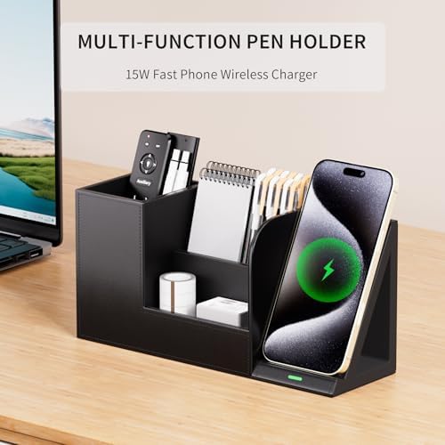 LADSTAG Pen Organizer with Phone Stand,Black Vegan Leather Desk Organizers with Remote Control Holder,Pencil Holder for Desk,Desk Organizer with Phone Charger for Office/Nightstand/Endtable - Image 2