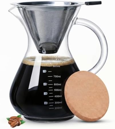 Pour Over Coffee Maker Set with Reusable Stainless Filter 27 fl oz, Heat-Resistant Borosilicate Glass Paperless Pour Over Coffee Dripper with coaster for Home Daily coffee by CHDEXU