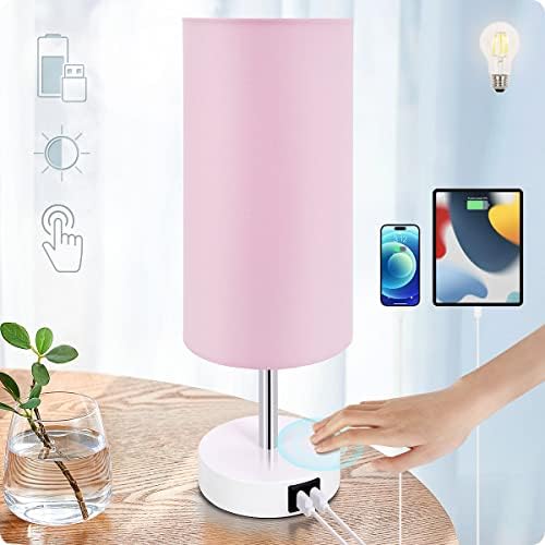 Yarra-Decor Desk Lamp with USB Port, Touch Control Desk Lamp with 3 Levels Brightness, Bedside Table Lamp with Round Pink Shade for Bedroom, Living Room, Dorm, Home Office by Yarra-Decor