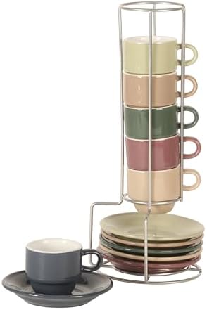 Gibson Home Brew Harmony 13 Piece Espresso Cup Set with Metal Rack, Stoneware Espresso Cups & Saucers, Solid Color Stackable Coffee Set, Café Style, Dishwasher & Microwave Safe by GibsonHomewares