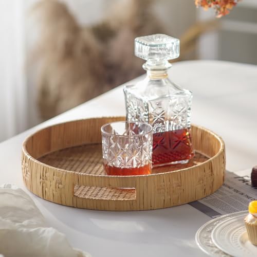 Round Rattan Tray for Coffee Table, Large Woven Decorative Tray, Wicker Serving Trays with Handles for Home and Kitchen Decor 13.2 inch by HuiDao