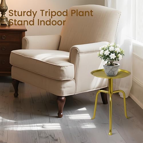 Plant Stand Indoor Outdoor, 11'' Round Gold Corner Single Plant Table, 3-Leg Small Metal Plant Holders Flower Pot Stand, Modern Corner Round Small Side End Table with Raised Design - Image 7