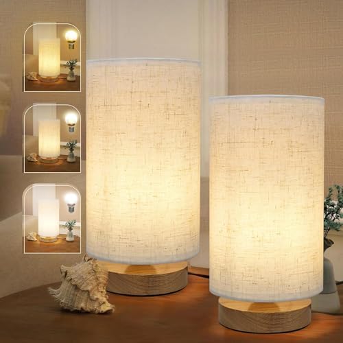 Minimalist Bedside Table Lamps for Bedrooms Set of 2, 3 Color Temperature Bedside Lamps with Round Fabric Linen Shade,Small Desk Lamp Night Nightstand Lamp Set for Living Room, Reading ,Office by SEENSINY