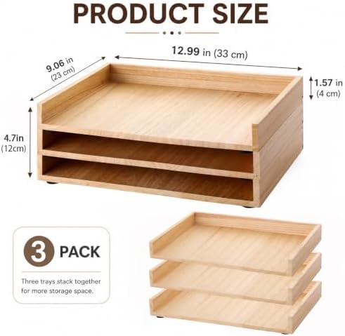 chiazllta 3 Pack Stackable Wood Letter Tray Wood Desk Paper Organizer Tray Wooden Office Documents Shelf Holder for A4 Paper Mail File Document Magazines Folders Receipts Home Office Supplies Storage - Image 2