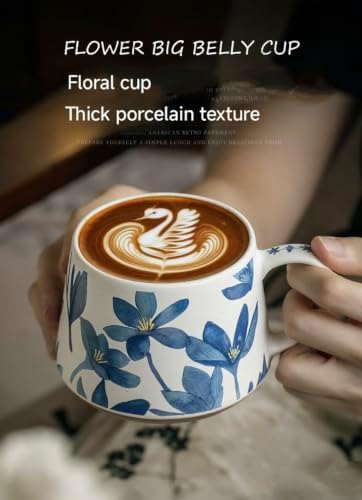 14OZ Ceramic Latte Mug, Cute Misty Blue Flower Coffee Mug For Women, Retro Floral Cup For Green Tea OR Coffee,Hand Painted Floral Design Pottery Cute Mug - Image 2
