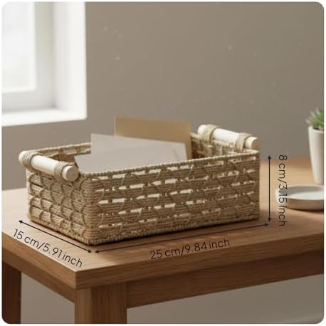 3 Pieces Handwoven Storage Basket Set With Woven Paper Rope Organizer With Wooden Handle Storage Bin Suitable for Home Organization Hallway Living Room, Khaki - Image 3