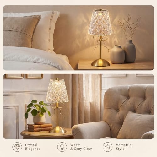 Liliful 2 Pcs Cordless Table Lamp LED Touch, Gold, Diamond Style Bow - Image 6