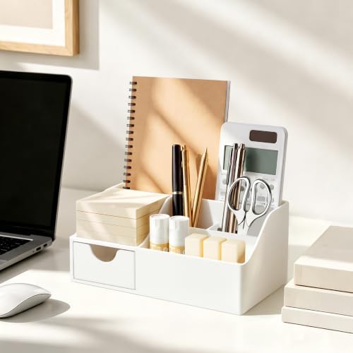 HBlife Acrylic Desk Organizer with Drawer, Pen & Pencil Holder, Multifunctional Desktop Caddy for Office Supply and Organization (White) - Image 5