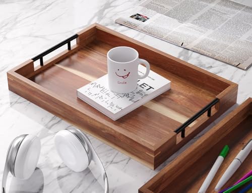 Fibogollo Acacia Wood Serving Tray with Metal Handles,17x12in Ottoman Decorative Trays Platter for Coffee Table,Living Room,Bar,Party(Large) - Image 4