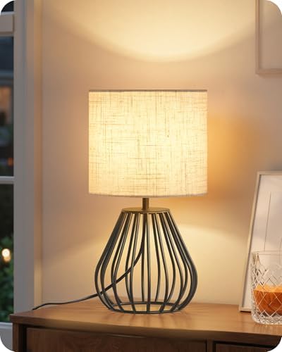 Small Bedside Table Lamp, Black Table Lamp with Metal Cage & Linen Lampshade, Modern Cute Desk Lamp, Cozy Nightstand Lamp for Bedroom, Living Room, Office, 2700K LED Bulb Included, E06TL05 by GOEBLESON