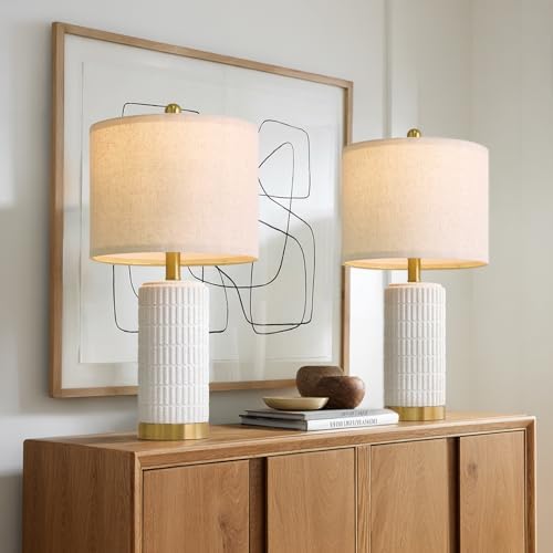 PoKat 21.5'' Stone-Like Bedside Table Lamps Set of 2 for Bedroom with 2 USB A+C, Modern Lamps for Living Room, Ceramic Nightstand Desk Lamps with Charging Ports Office Dorm Sideboard (Frosted White) - Image 5