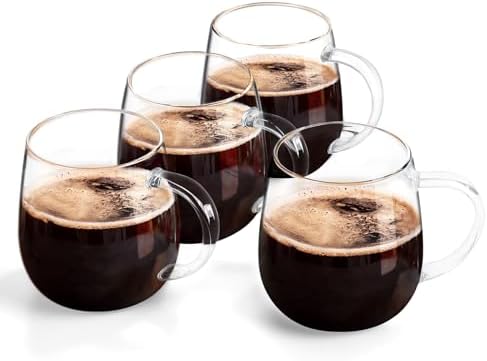 Coffee Cup Set of 4, high borosilicate glass cups, clear glass coffee cups, large glassware set, 16 ounce glass cups with handles, can also be given as gifts by MAQQL